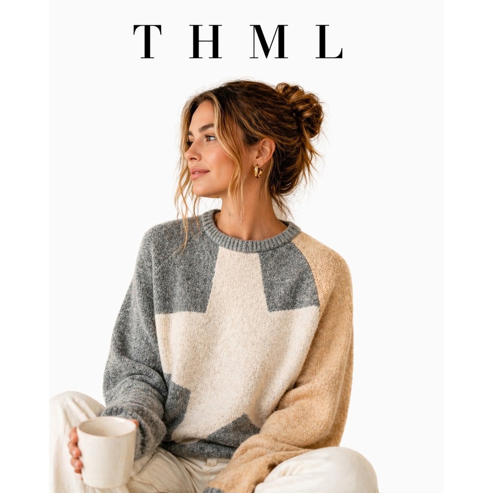 THML Anthropologie Star Sweater Cozy Chic Colorblock Knit Neutral Gray Cream